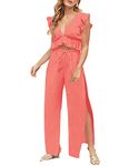 FANCYINN Womens 2 Pieces Outfits Deep V Neck Crop Top Side Slit Drawstring Wide Leg Pants Set Jumpsuits Orange Pink M