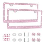 Amiss Bling License Plate Frame for Women, 2Pack Rhinestone Handcrafted Crystal Premium Stainless Steel, Stainless Steel Car Accessories with Diamond Sparkle Glitter Caps (Pink)