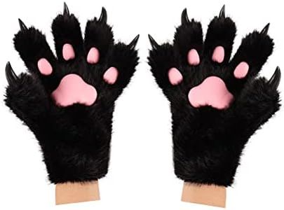 HAOAN Wolf Paw Gloves Faux Fur Cat Fingerless Mittens Winter Warm Cosplay Halloween Fancy Party Costume Accessories (black01)