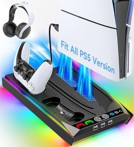 Rysker PS5/Slim/Pro Stand, PS5 Cooling Station Built-in 3-Level Cooling Fan & Fast Charger for Disc & Digital, PS 5 Accessories with Safety Screw and Headset Holder