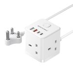 South Africa Plug Adapter with 1.5M Extension Cable 3 Way 4 Fast Charging USB (QC3.0/PD20W) Compact Cube Power Adapter for UK to South Africa, Namibia, Swaziland, Lesotho, Type M