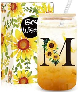 Ini-tial Glass Cup - Birthday Gifts for Women - 16 Oz Glass Cups W/Lids Straws, Sunflower Gifts, Glass Tumbler, Coffee Cup - Personalized Customized Cute Mothers Day, Birthday Gifts for Her Mom, M