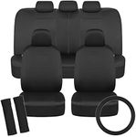 BDK PolyPro Car Seat Covers Full Set in Solid Black with Steering Wheel Cover & Seat Belt Pads – Front and Rear Split Bench Car Seat Cover, Easy to Install, Interior Covers for Auto Truck Van SUV