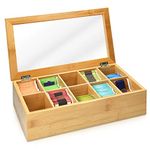 Navaris Bamboo Tea Box - Chest Organiser with 10 Compartments for Tea Bags - Wooden Case Container with Transparent Lid for Individual Tea Bag Storage