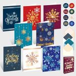 Decorably 16 Pack Foiled Snowflakes Christmas Cards with Envelopes and Stickers - 8 Designs Printed Message Happy Holiday Cards with Envelopes, 5x7in Happy Holidays Cards with Envelopes