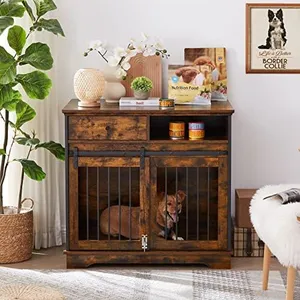 Dog Crate Furniture, Dog House Indoor with Sliding Barn Door, 35" Wood Dog Crate Heavy Duty Dog Kennels Decorative Dog Crate for Small/Medium/Large Dog Brown