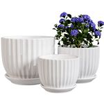 Set of 3 Ceramic Plant Pots,Flower Pot Indoor with Saucers,White Ceramic Planters,Small to Medium Sized Round Modern Garden Pots