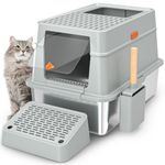 HiHloy Enclosed Stainless Steel Cat Litter Box with Lid, Extra Large Metal Litter Pan Tray with High Wall Sides, Large Scoop Holder, Sloping Pedal, Non-Sticky, Anti-Leakage, Easy Cleaning