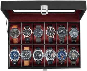 SONGMICS Watch Box, 12-Slot Watch Case Organizer with Large Glass Lid, Removable Pillows, Gift for Loved Ones, Black Synthetic Leather, Wine Red Lining UJWB120R01