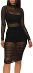 Lrady Women Sexy Bodycon Dresses See-Through Sheer Mesh Ruched Bodycon Party Club Night Dress 3 Piece Outfits with Vest Shorts, Black, Medium