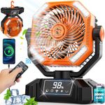 Camping Fan with LED Lantern, Upgraded 20000mAh Rechargeable Outdoor Tent Fan Oscillating Fan with Light & Hook & Remote,5 Speeds Powerful Cooling USB Desk Fan,Battery-powered fan for Fishing,Picnic