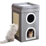 3-Level Cat House for Indoor, Covered Cat Condo with Scratch Pad and Hideaway Cave, Cat Bed &Furniture for Multi Pets and Large Cats, 15.3 * 15.3 * 26 inches,Grey