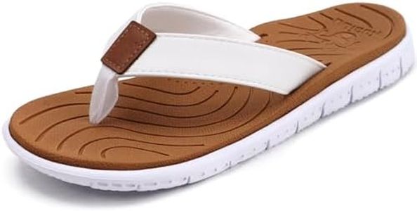 KuaiLu Women's Arch Support Flip Flops Ladies Comfortable Cushion Summer Beach Slip on Thong Sandals Open Toe Comfort Non-Slip Casual Leather Sandles White Khaki Size 6