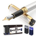 Dryden Designs Fountain Pen Medium Nib, Includes 24 Ink Cartridges - 12 Black and 12 Blue Comes with Ink Refill Converter, Gift Pouch Classic Writing Tool- Pearl White- Left and Right Handed