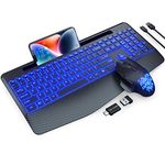 Wireless Keyboard and Mouse Backlits, Wrist Rest, Jiggler Mouse, Rechargeable Ergonomic Keyboard with Phone Holder, Silent Light Up Combo for Computer, Mac, PC, Laptop, Chromebook (Black)