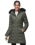 SLOW DOWN Women Winter Down Puffer Coat Warm Hooded Mid-Length Down Jacket for Women with Faux Fur Trim Hood and Pile Collar (Olive Green, S)