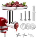 Stainless Steel Food Grinder Attachment for KitchenAid Stand Mixer, Durable Meat Grinder, Includes 3 Grinding Plates, 3 Sausage Stuffer Tubes, 2 Grinding Blades, Dishwasher Safe