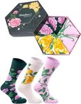 Rainbow Socks - Women Flower Socks Box Gift - 3 Pairs - White Roses Purple Roses Yellow Flowers - Size 4-7