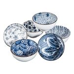 Swuut Japanese Style Ceramic Cereal Bowls,24 Ounces Salad,Soup,Blue and White Rice Bowl Set,Set of 6 (6 inch)