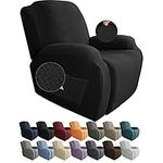 JIVINER Newest Design 4-Piece Recliner Chair Covers Stretch Jacquard Covers for Recliner Chair Recliner Slipcovers for Living Room Soft Recliner Protector with Pocket (Recliner, Black)