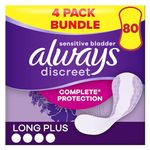 Always Discreet Incontinence Liners Women, 80 High Absorbency Liners (20 X 4 Packs), Thin and Flexible, Long Liners Sensitive Bladder