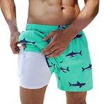 Arcweg Men's Swimming Shorts with Compression Liner Mens Swimming Trunks 2 in 1 Swim Shorts with Lining Quick Dry Surfing Stretchy Beach Shorts with Zipper Pockets Shark L(UK)