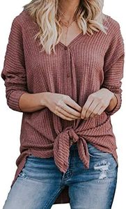 MIHOLL Womens Loose Blouse Long Sleeve V Neck Button Down T Shirts Tie Front Knot Casual Tops (X-Large, Z- Red)