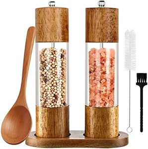 Salz und Pfeffermühle 2er Set mit Untersetzer Gewürzmühle Manuell Pfeffermühle Holz Salzmühle Verstellbarem Keramikmahlwerk für Gewürze Pfeffer Salz Höhe: 21,5 cm