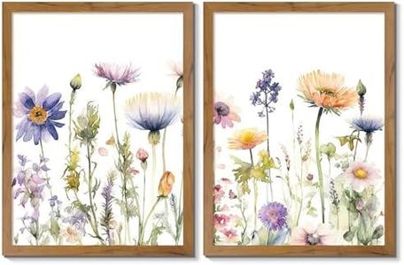 Gardenia Art Framed Watercolor Wildflower Pictures Canvas Wall Art Purple Daisy Flower Green Leaves Art Painting Colorful Plant Decor for Farmhouse Living Room Bedroom Bathroom Girls Room 2 Pieces Set