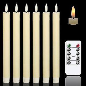 GenSwin Flameless Ivory Taper Candles Flickering with 10-Key Remote, Battery Operated Led Warm 3D Wick Window Real Wax Pack of 6, Christmas Home Wedding Decor(0.78 X 9.64 Inch)