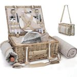 19Pcs Picnic Basket for 2 with Insulated Liner and Waterproof Picnic Blanket Wine Pouch, Large Wicker Picnic Hamper for Camping,Outdoor,Valentine Day,Thanks Giving,Birthday Christmas for Couples