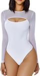 Avidlove Womens Mesh Long Sleeve Bodysuit Crew Neck Sexy Bodysuit Double Lined Thong Basic Top White XXL