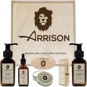 ☆ARRISON® BEARD☆ kit Barba Uomo Completo Made In Italy + Scatola in Legno di Betulla con Shampoo, Balsamo, Cera, Olio Barba - Pettine e Spazzola in Legno di Faggio e Setole in Cinghiale