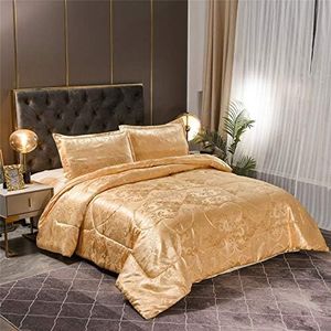 Raytrue-X King Size Comforter Set All Season Gold Bedding Comforter Sets Silk Jacquard Bed Set Lightweight Quilt 3pcs Soft Bedding Sets Matching 2 Pillow Shams (King,104-by-90 inches)