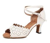 MINITOO Women's Latin Salsa Floral Suede Dance Shoes Formal Party Wedding Sandals L384 Nude 7.5cm Heel UK 8.5