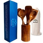 NHAF Premium Teak Healthy Spoons, Durable Eco-friendly Spatula, Wooden Utensils for Cooking set with Holder & Canvas Bag, Wooden Cooking Utensils, Cooking Gifts for Mom, Wooden Spoons for Cooking