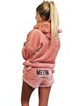 Blivener Poplover Womens Cute Fleece Pajamas Suit Hooded Sleepwear Meow Shorts Set Pink Medium