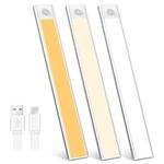 Under Cabinet Lighting, 3 Pack Motion Sensor Light Indoor with 3 Colors Dimmable Closet Light, Dimmable Wireless USB Rechargeable Stick On Lights for Kitchen Bedroom Stair (20cm/7.87in)