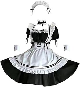 aternee Women's Lolita French Maid Cosplay Costume, Anime Maid Outfit Halloween, Set Including Dress, Headwear, Apron, Collar, Bracelet, Leg Rings , XL