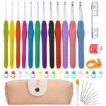 RealPlus Crochet Kits, 12 Pcs Full Size Crochet Hooks Set, Ergonomic Soft Rubber Grip Handles for Arthritic Hands, Crochet Kits for Beginners Adults, Sister Gift, Knitting Tools with Case (Pink)