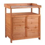 Outsunny Multi-function Potting Bench Table w/Storage Cabinet and Galvanized Table Top, Wooden Planting Workstation, 98cm x 47cm x 105cm