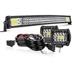 T-Former Led Light Bar 32Inch 441W Curved Triple Row Offroad Led Bar Waterproof 44100LM Spot Flood Combo + 2PC 4Inch Led Pods Fog Lights + Wiring