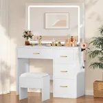 DWVO Makeup Vanity Table, Vanity Desk Set with Large Mirror and LED Lights, Brightness Adjustable, Vanity with 4 Drawers, Bedroom Vanity Table with Cushioned Stool for Women