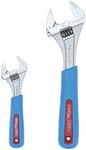 Channellock WS-2CB 2 Piece Adjustable Wrench Set | 6-inch & 10-Inch Wrench | Precise Jaw Design Grips in Tight Spaces | Measurement Scales for Easy Sizing of Diameters | Code Blue Grips