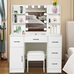 Koestem Large Dressing Table with Lighted Mirror, White Make Up Vanity Table with 5 Large Drawers and Cabinet, Lights Brightness Adjustable, Vanity Set for Bedroom