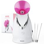 Facial Steamer EZBASICS Ionic Face Steamer for Home Facial, Warm Mist Humidifier Atomizer for Face Sauna Spa Sinuses Moisturizing, Unclogs Pores, Bonus Stainless Steel Skin Kit Pink