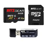 Ritz Gear Extreme Performance Class 10 V30 A1 U3 UHS1 MicroSDXC 64GB Memory Card with Ritz Gear Card Reader. Compatible with Nintendo Switch, Smartphones, Action Cameras, Security Cams and More