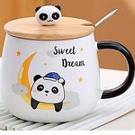 BonZeal Ceramic Birthday Gift Item Sweet Dream Panda Mug with Lid and Spoon Printed Design Tea Coffee Cup Gift for Valentine Day 400 ml