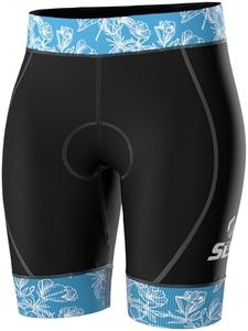 SLS3 Triathlon Shorts Women, Slim Athletic Fit - Womens Tri Shorts for All Abilities, Super Comfy with Soft Chamois Pad (Iris Blue Floral, Large)
