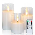 AMAGIC Clear Glass Flameless Candles Battery Operated with Remote Control and Timer, LED Pillar Candles Flickering for Home Decor, Wedding, White, Set of 3, D 3" H 4" 5" 6"